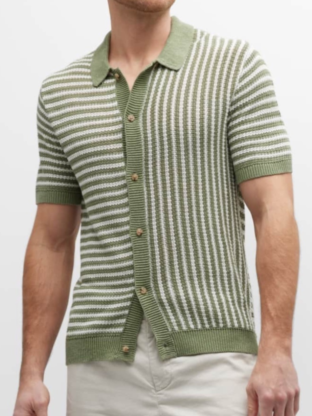 Onia Green Striped Linen Short-Sleeve Button-Down Sweater